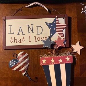 Primitive Americana country Patriotic Wall Decor Set bundle hook sign pot